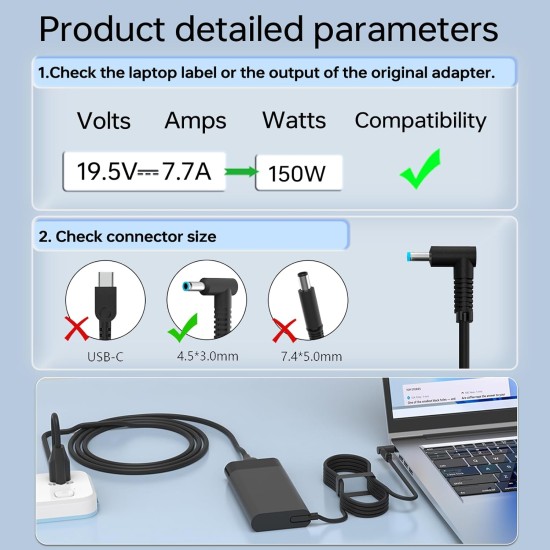 Hp 19.5V 7.7A 150W Charger / Power Adapter with 4.5x3.0mm Tip